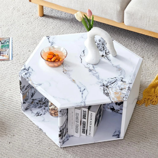 SUDICA Faux Marble Coffee Table with Storage, Hexagon Shape, White MDF, Modern Living Room