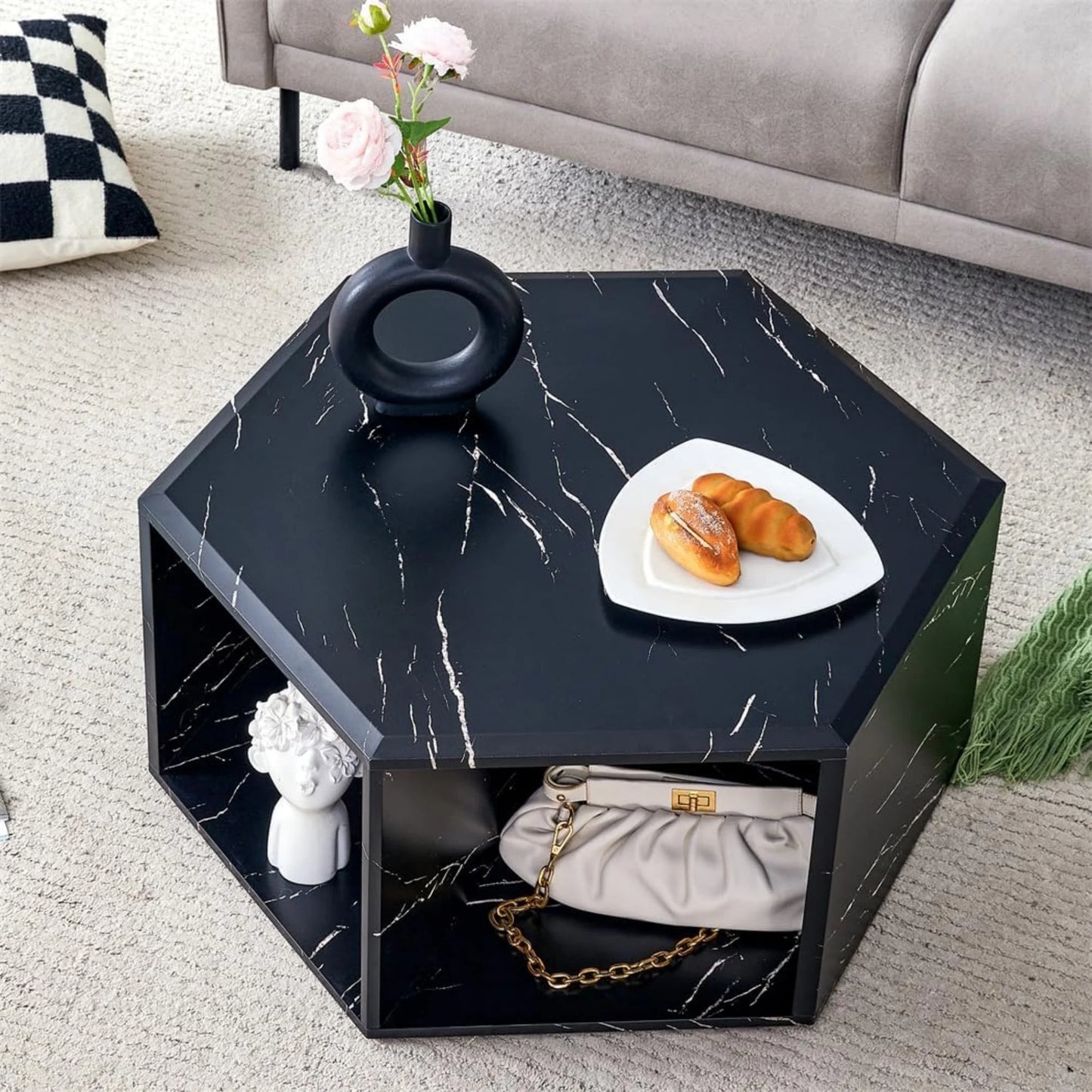 Faux Marble Coffee Table with Storage, Geometric Living Room Table