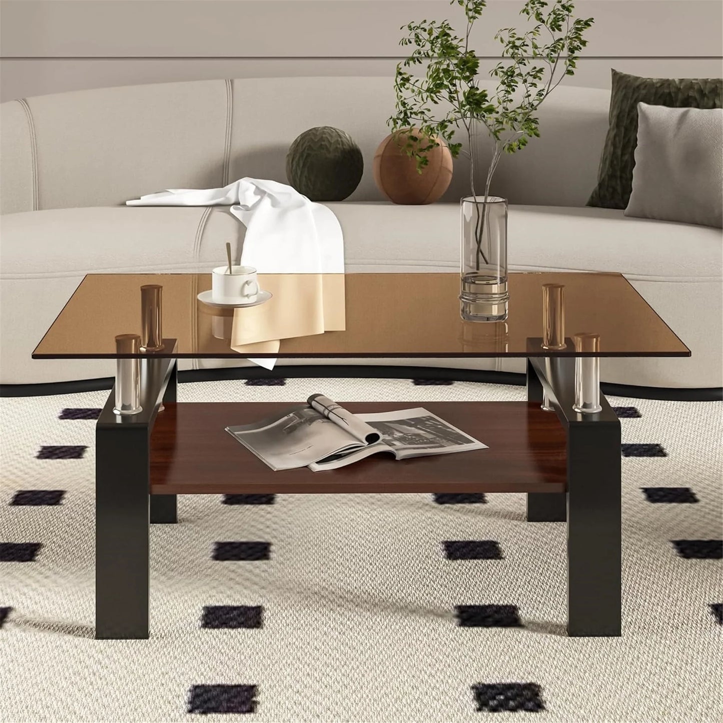 Glass Coffee Table Rectangle Living Room Center Table with Storage, Clear Tempered Glass Tabletop and Smoke Grey Leg,for Living Room and Office (Clear Smoke),Brown