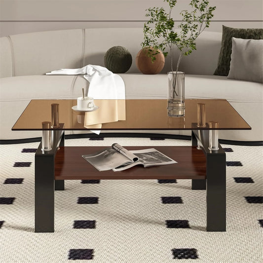 Glass Coffee Table Rectangle Living Room Center Table with Storage, Clear Tempered Glass Tabletop and Smoke Grey Leg,for Living Room and Office (Clear Smoke),Brown