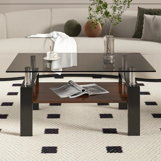 Glass Coffee Table Rectangle Living Room Center Table with Storage, Clear Tempered Glass Tabletop and Smoke Grey Leg,for Living Room and Office (Clear Smoke),Gray brown