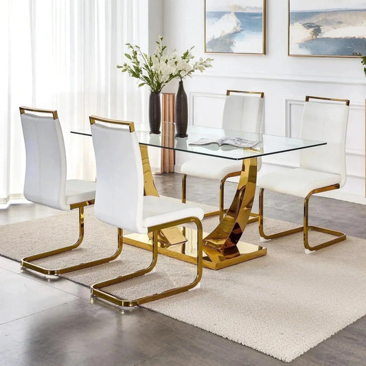 SUDICA Glass Dining Table Set with White PU Chairs for Dining Room, 5 Pieces