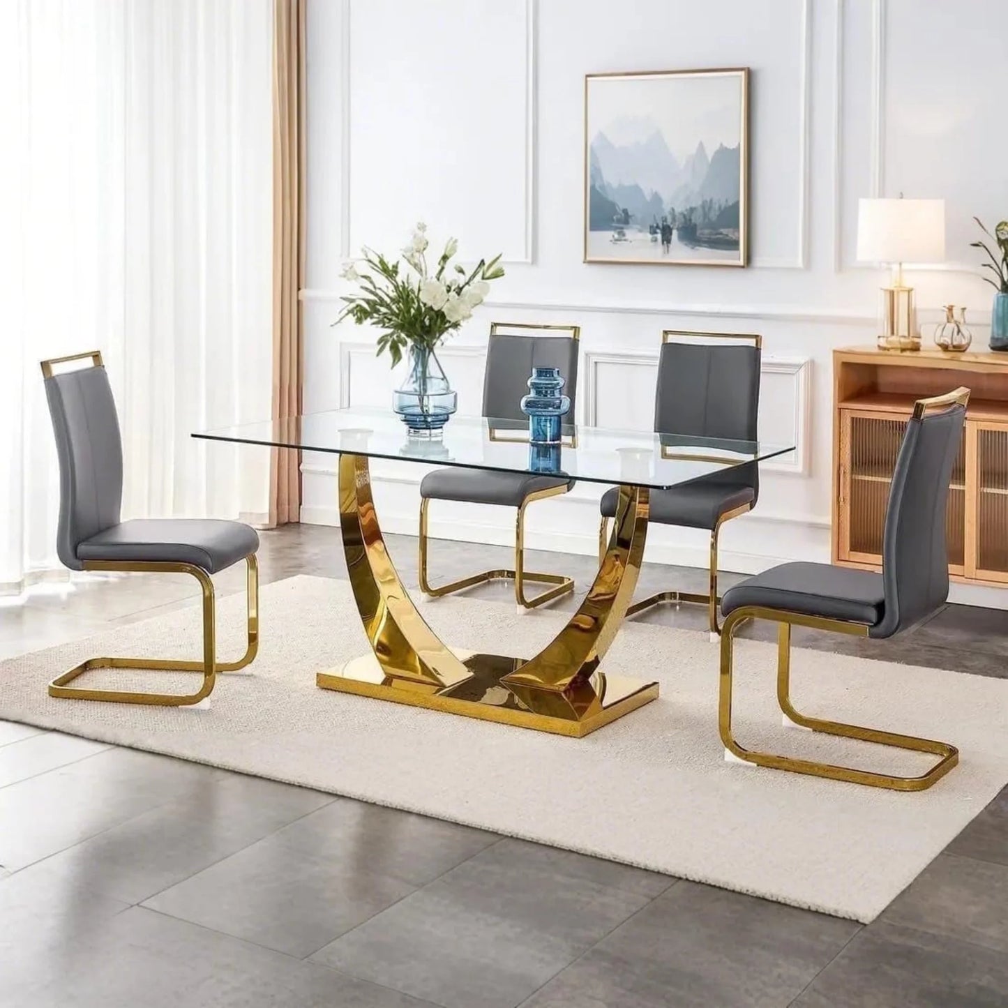 SUDICA Glass Dining Table Set with Gray PU Chairs for Dining Room, 5 Pieces