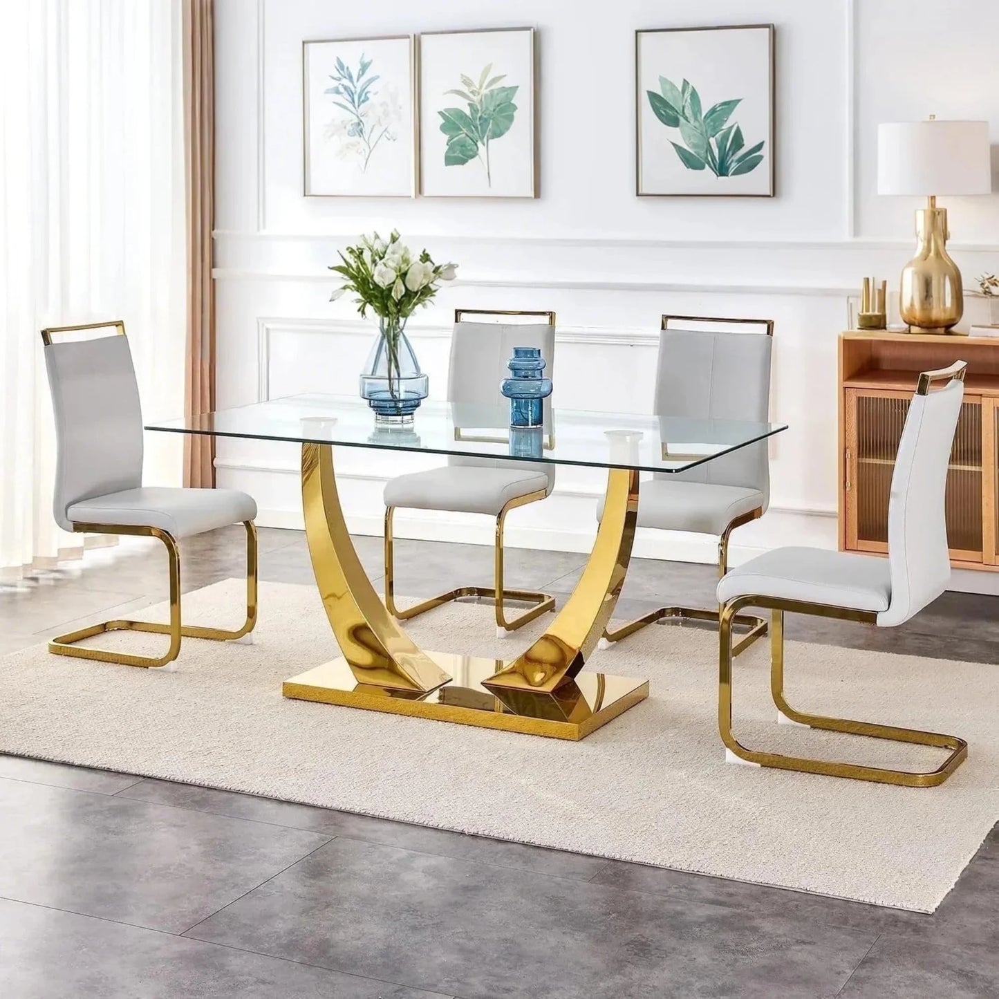 SUDICA Dining Table Set with Glass Top and Light Gray PU Chairs for Dining Room, 5 Pieces