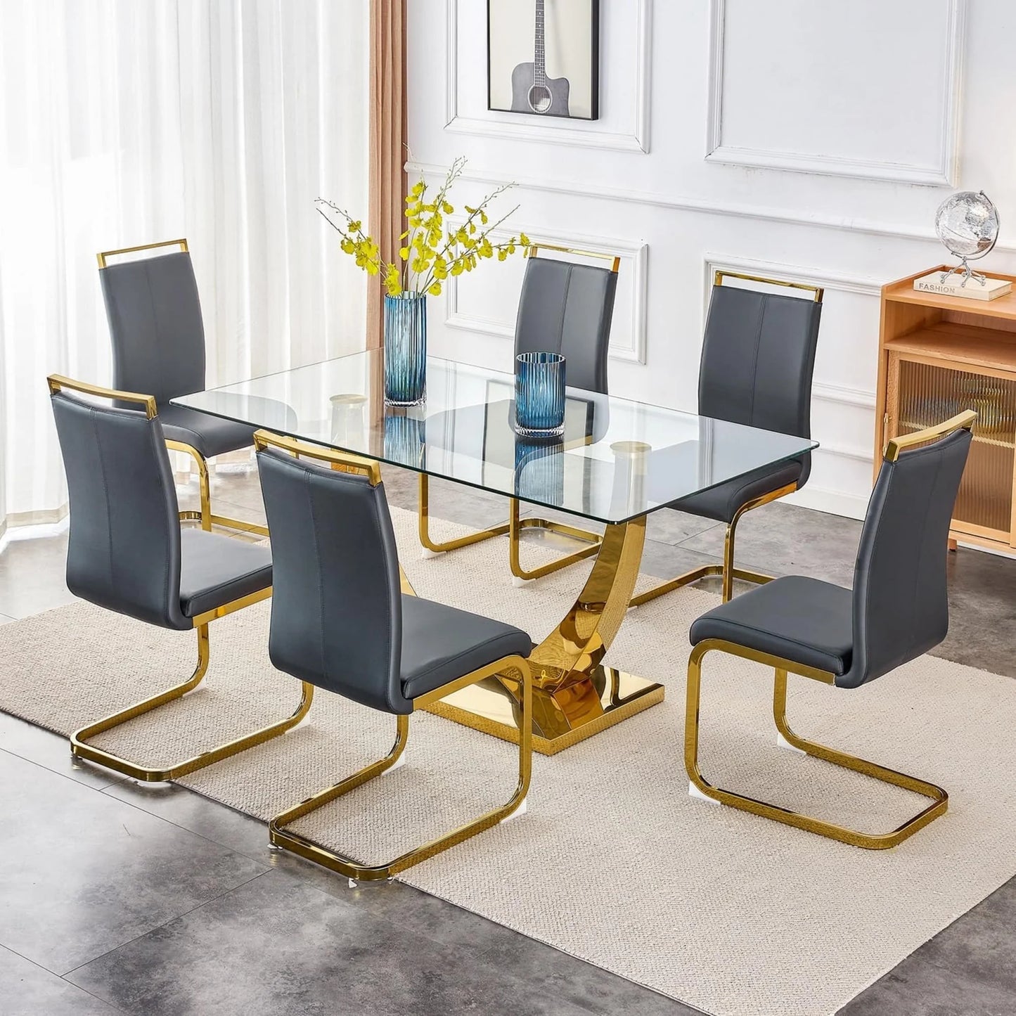 SUDICA 63" Glass Dining Table Set with PU Leather Chairs, Gold Base, for Dining Room, 7-Piece