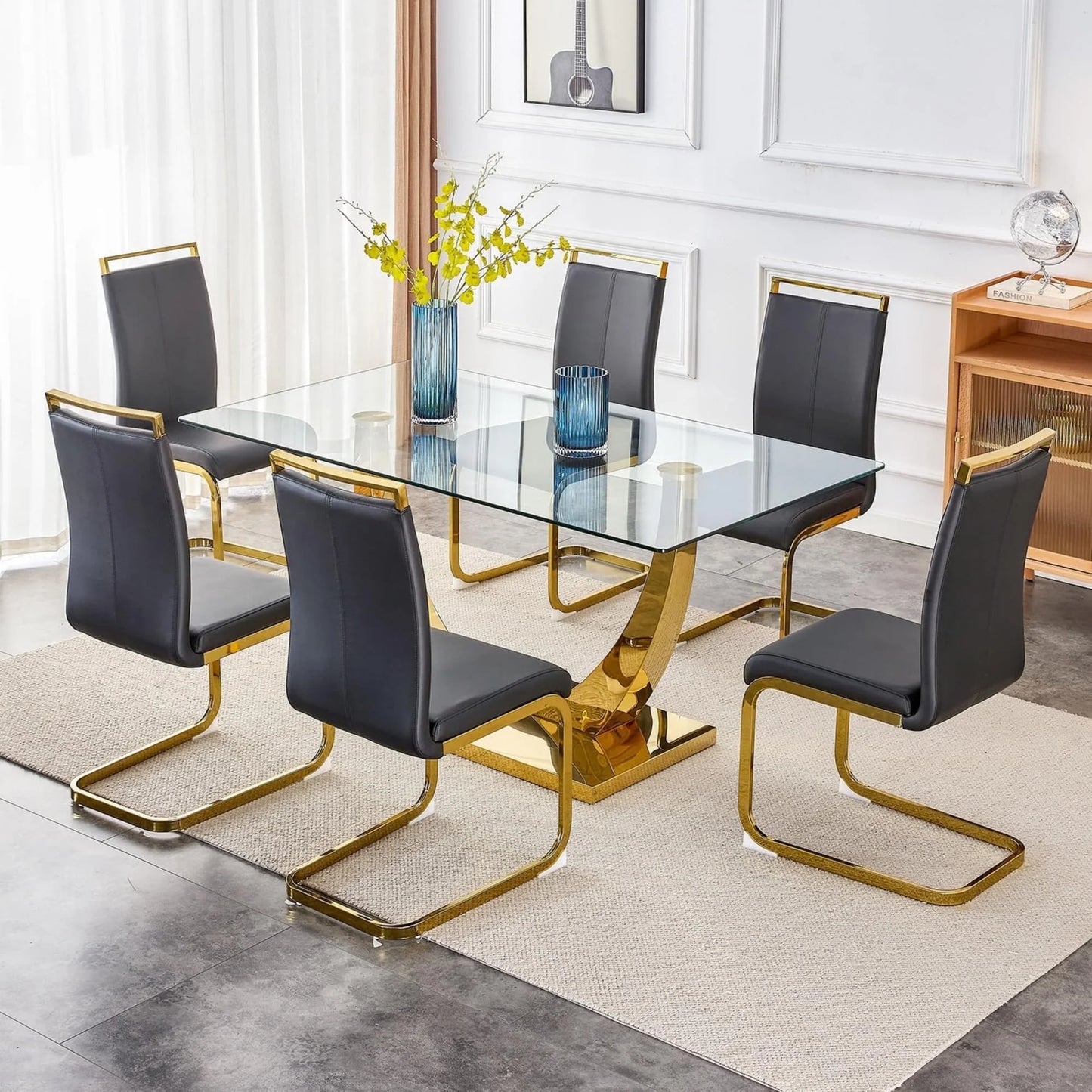 SUDICA Dining Table Set for 6, 63" Glass Top with Black PU Chairs for Dining Room, Gold Base