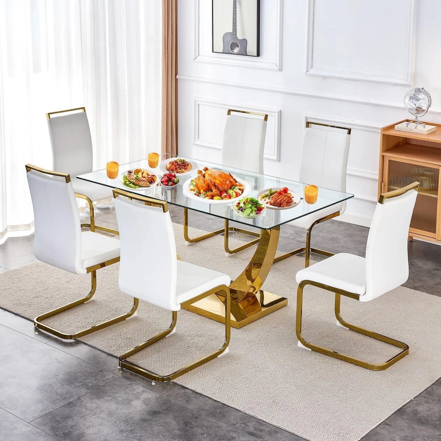 SUDICA 7-Piece Dining Set with 63" Glass Table and 6 PU Leather Chairs, Gold Base