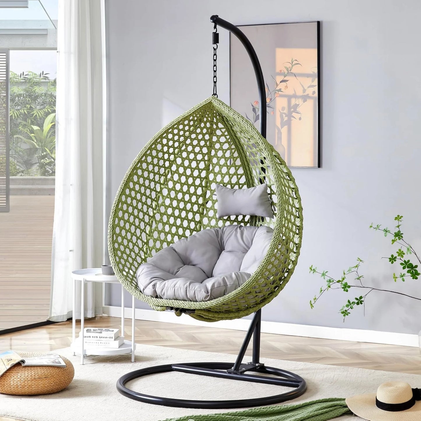 Hanging Egg Chair with Stand,Sudica Patio Soft Cushion Rattan Wicker Egg Swing Chair for Outdoor and Indoor, 350lbs Capacity,Green