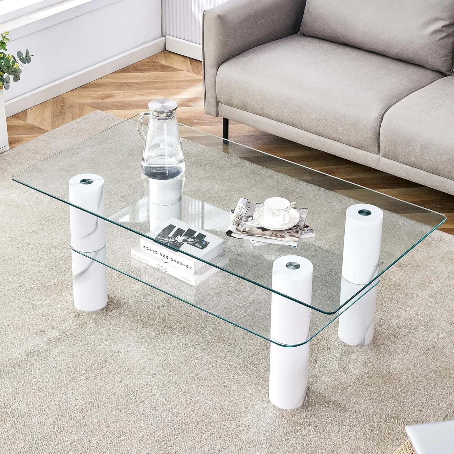 Modern Minimalist Double Layered Transparent Tempered Glass Coffee Table,47" Sudica Rectangular Tea Table with White Legs