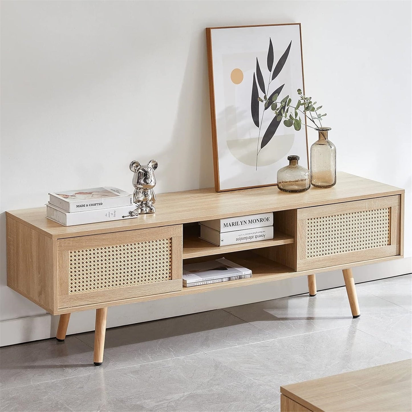 Rattan TV Stand for 65 Inch TV, Boho Entertainment Center with Adjustable Shelves & Metal Frame, Wood TV Media Console with Variable Light Strip for Living Room, White,Natural Wood
