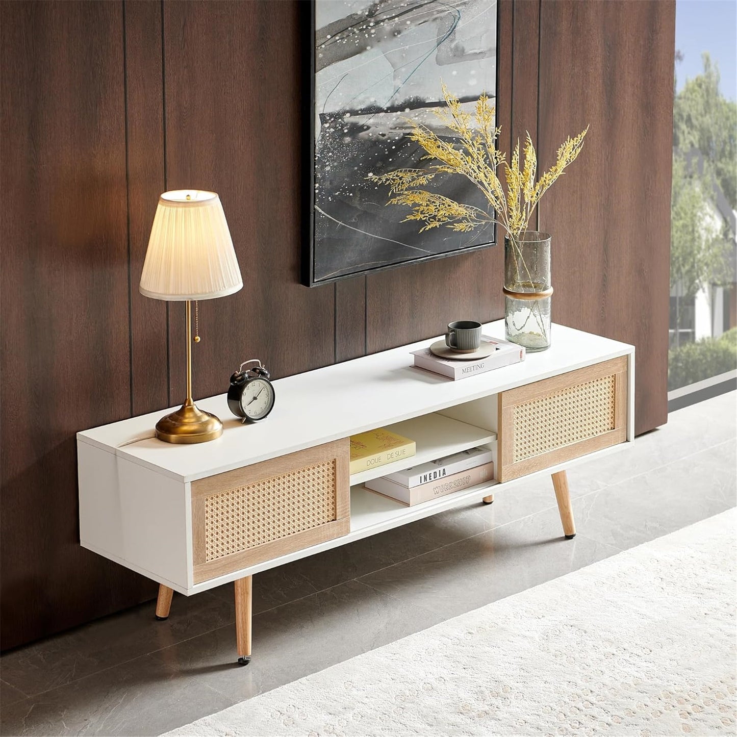 Rattan TV Stand for 65 Inch TV, Boho Entertainment Center with Adjustable Shelves & Metal Frame, Wood TV Media Console with Variable Light Strip for Living Room, White,White Wood