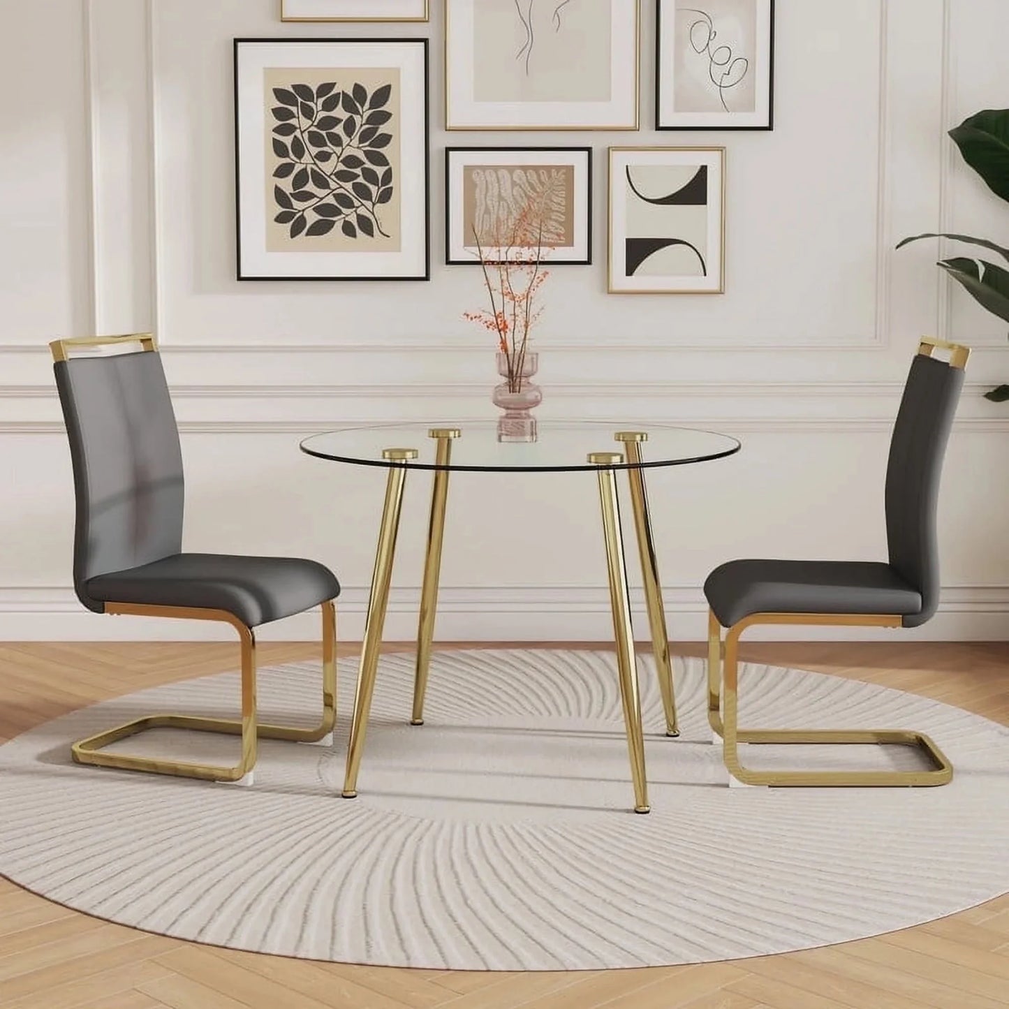 Sudica Round Dining Table Set for 2, 40-Inch Tempered Glass Top with Grey PU Chairs & Gold Legs