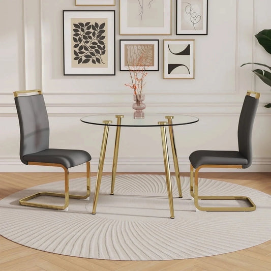 Sudica Round Dining Table Set for 2, 40-Inch Tempered Glass Top with Grey PU Chairs & Gold Legs