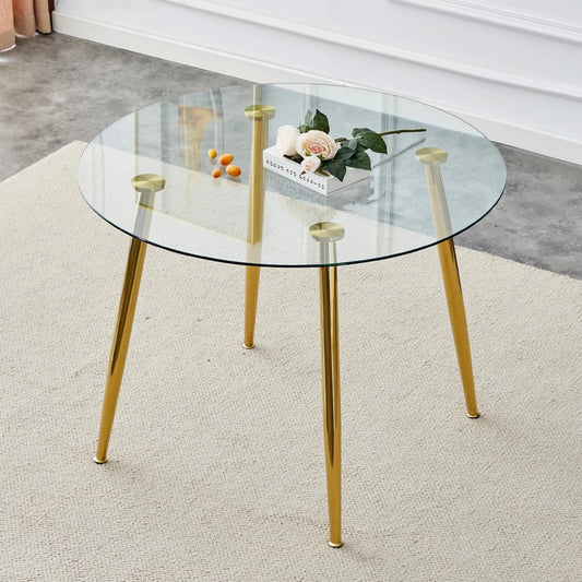 Sudica 40‑Inch Tempered Glass Round Dining Table, Gold Metal Legs, Modern Kitchen & Dining Room