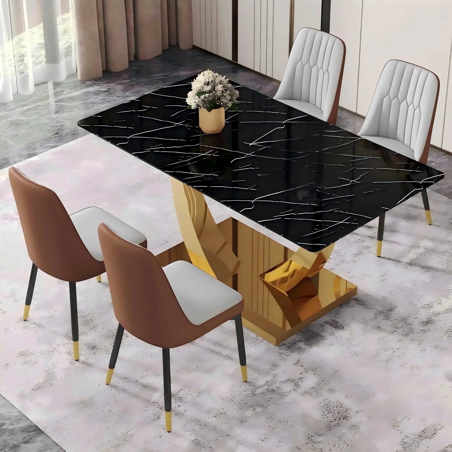 SUDICA Dining Table Set Black Glass Top Gold Base Faux Leather Chairs for Dinner Room, 5 Piece