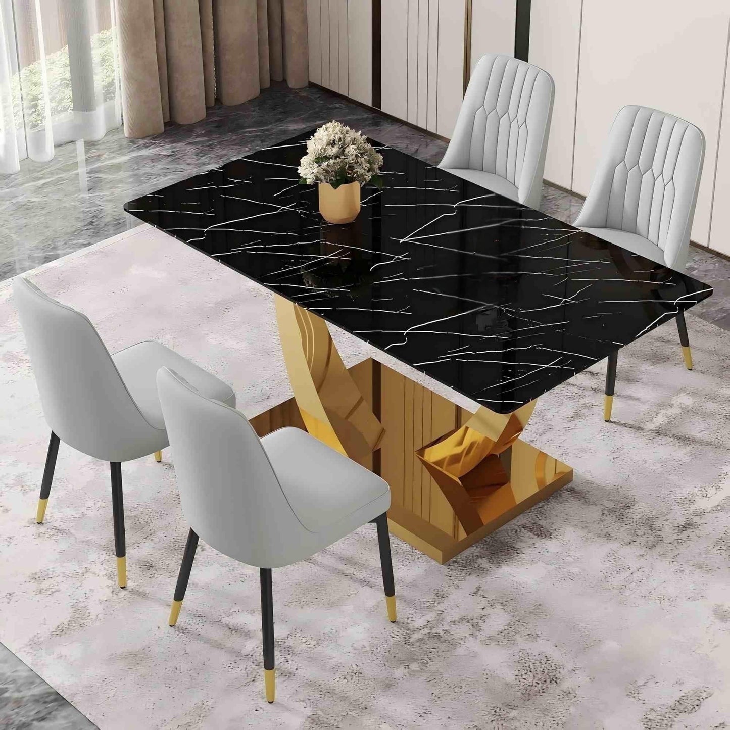 SUDICA Dining Table Set Black Glass Top Grey Faux Leather Chairs for Dinner Room, 5 Piece