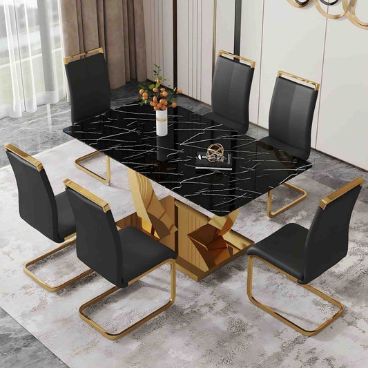 SUDICA 7 Piece Black Glass Dinner Table Set with 6 Faux Leather Chairs, Gold Base, 63"