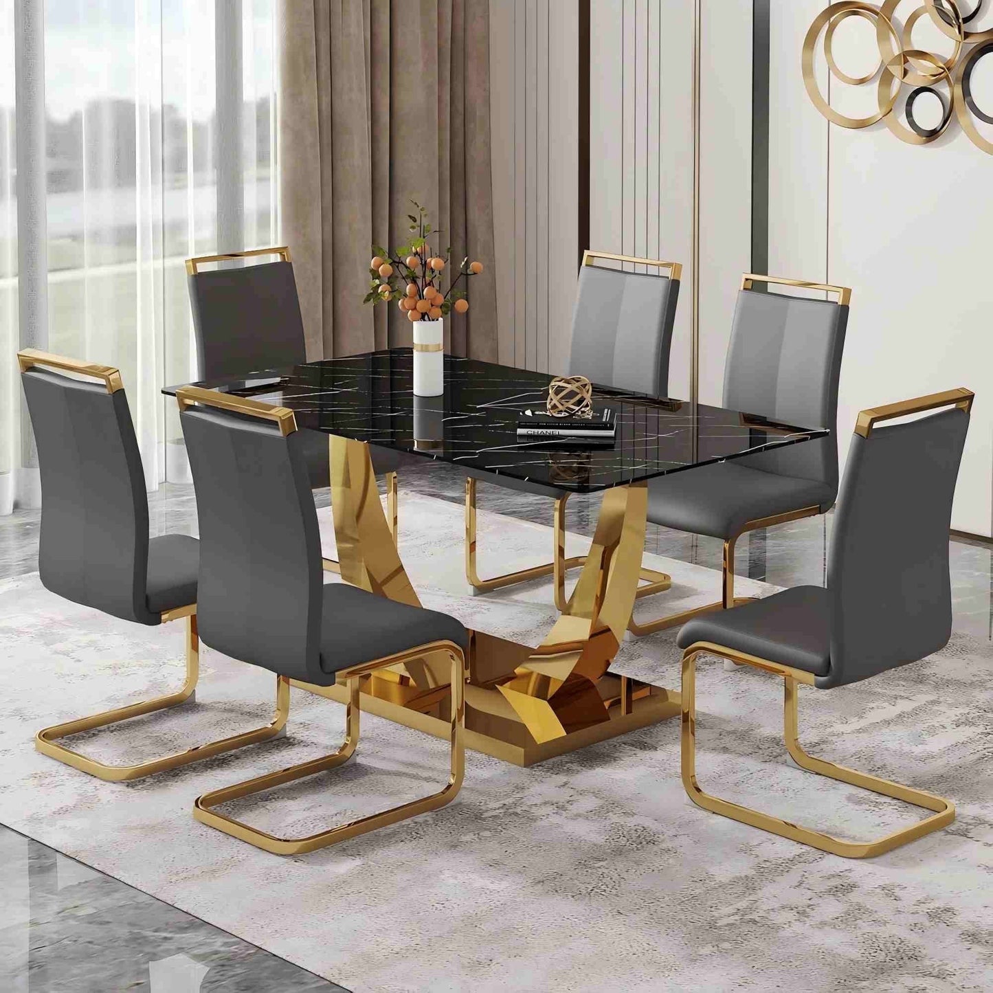 SUDICA 63" Black Glass Dinner Table Set with 6 Faux Leather Chairs, Gold Base, Dining Room