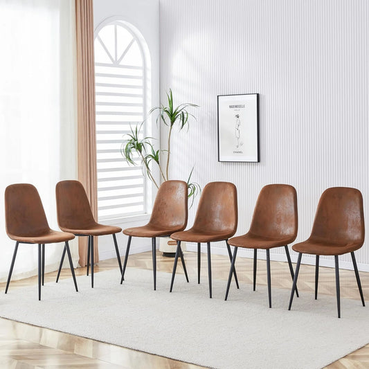 SUDICA Dining Chairs Set of 6, Brown Faux Suede Seat, Metal Legs, for Kitchen or Dining Room