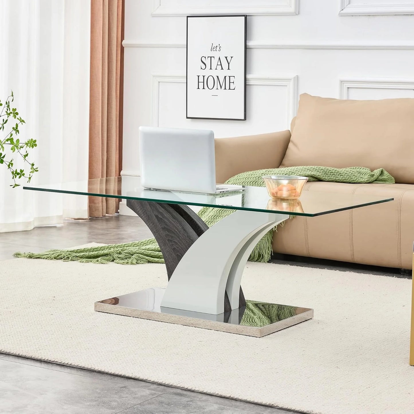 SUDICA Glass Coffee Table, 47" Tempered Clear Top, Modern MDF Base, for Living Room