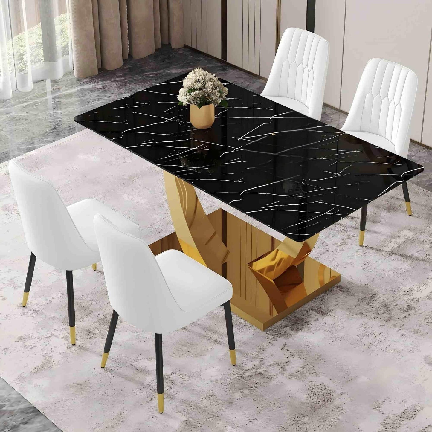 SUDICA Dining Table Set Black Glass Top Gold Base White Faux Leather Chairs for Dinner, 5 Piece