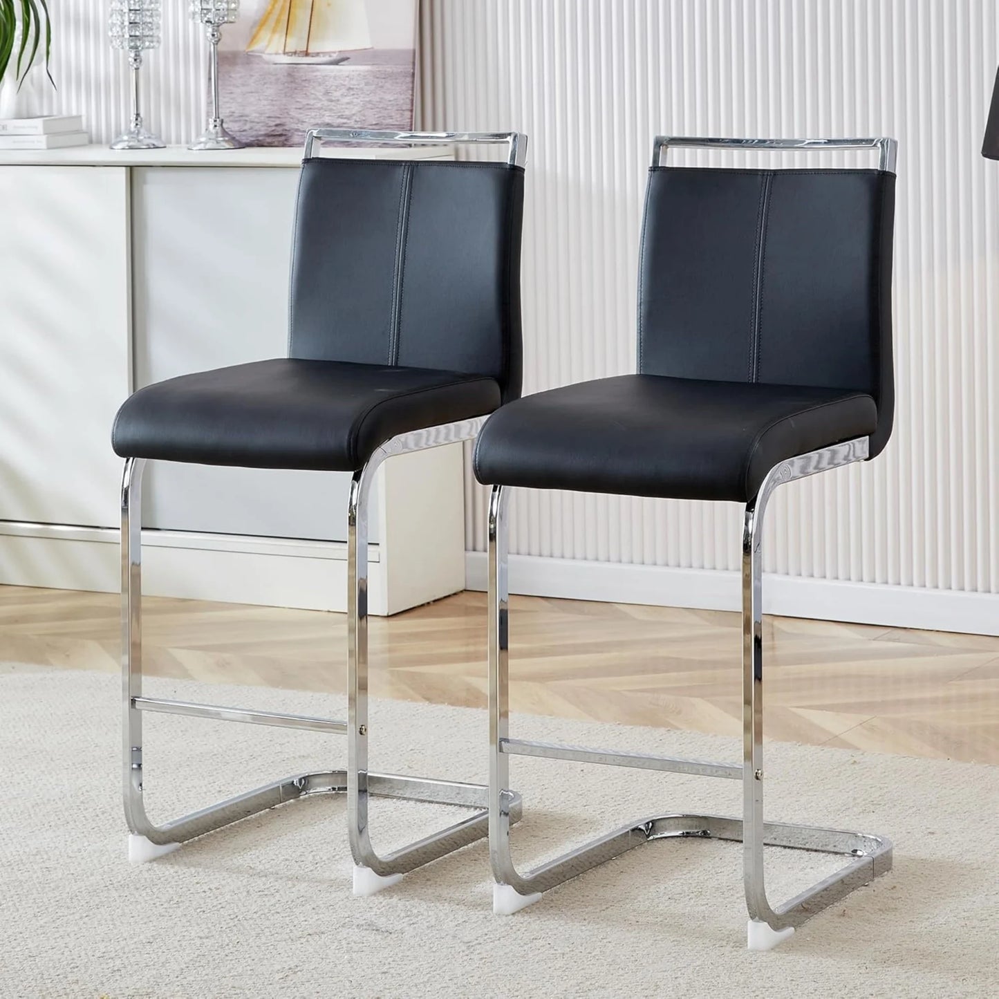 SUDICA Modern PU Leather Barstools and Upholstered with Metal Legs - Set of 2, Black