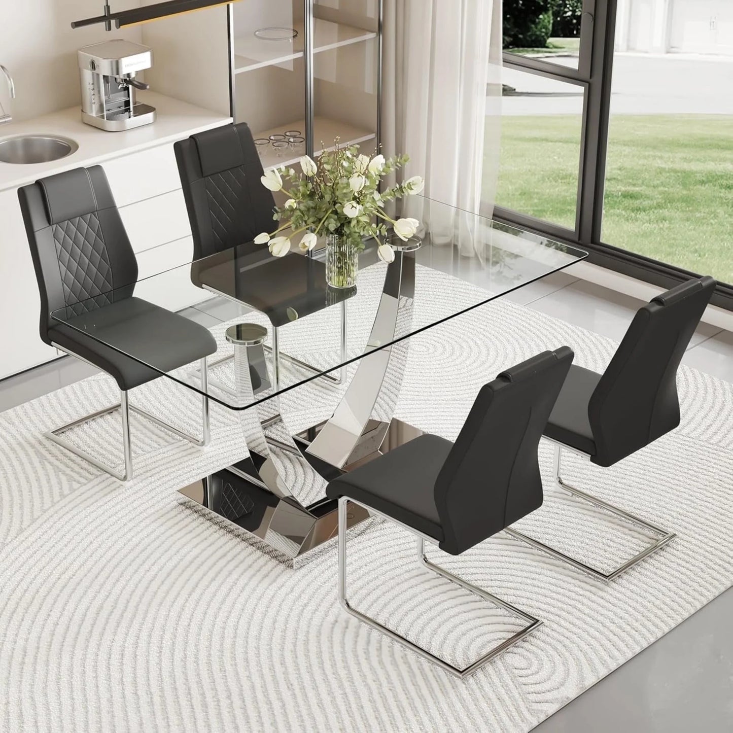 Silver Dining Table Set for 4,5PCS Glass Dining Room Table Set for 4, 63'' Rectangular Tempered Glass Top Kitchen Table Set and 4 Chairs for Dining Room Kitchen