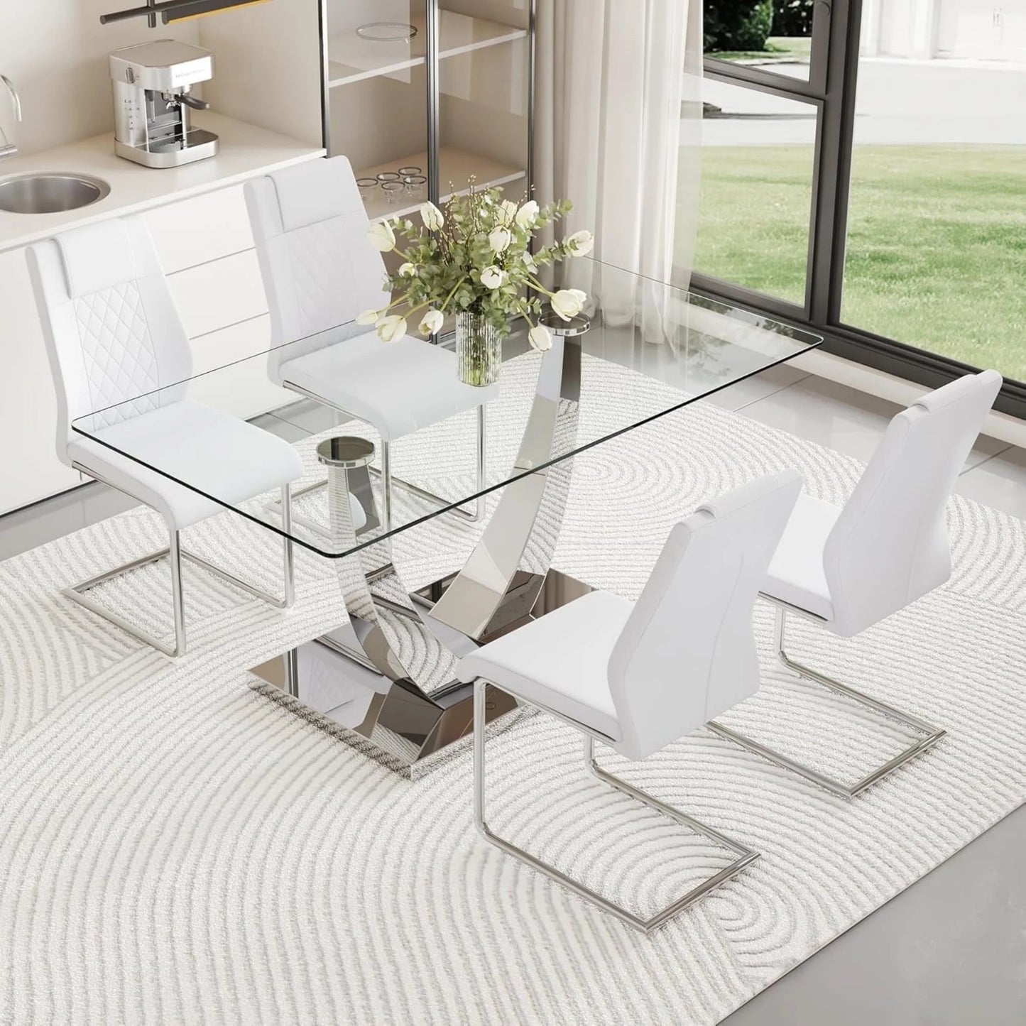 Silver Dining Table Set for 4,5PCS Glass Dining Room Table Set for 4, 63'' Rectangular Tempered Glass Top Kitchen Table Set and 4 Chairs for Dining Room Kitchen