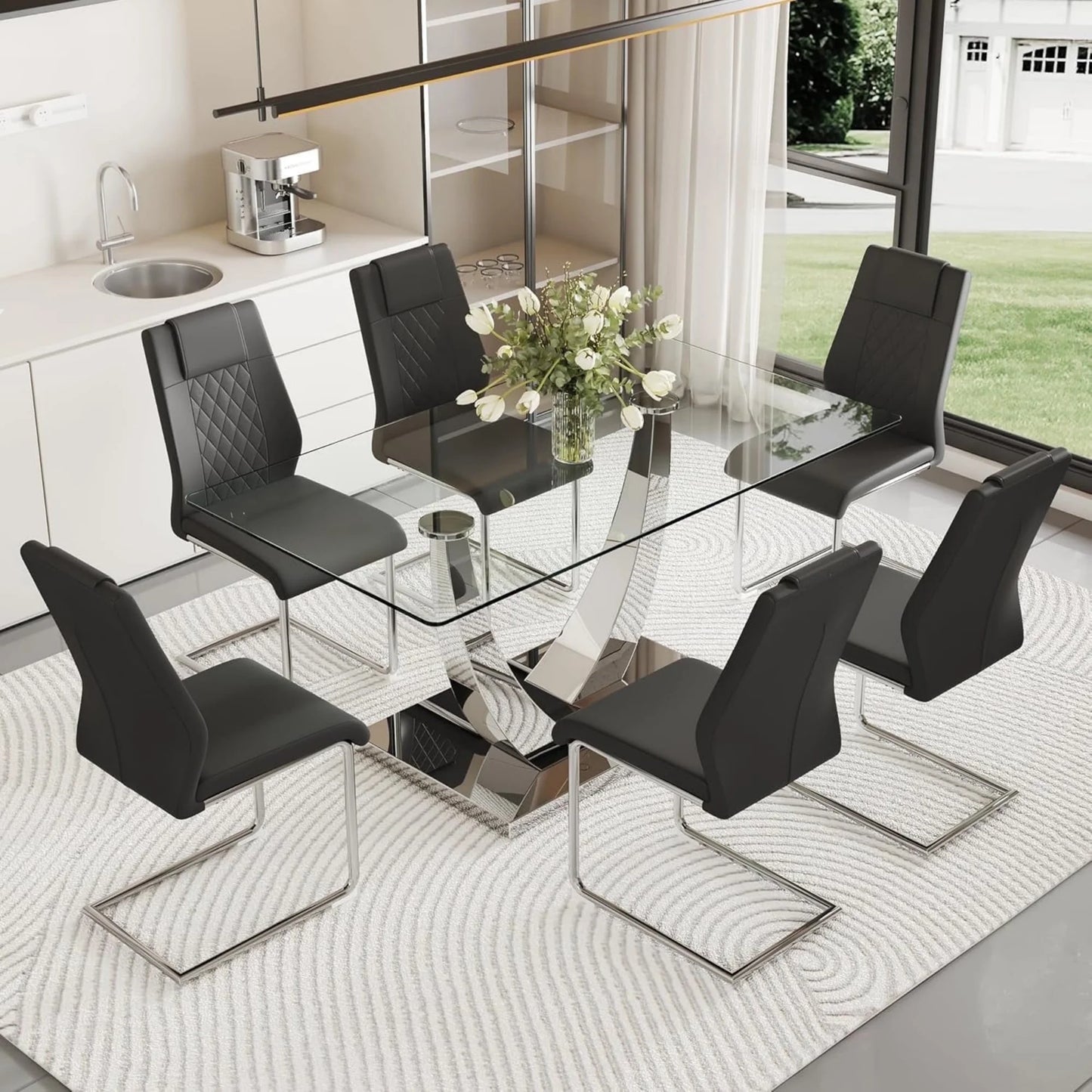 Silver Dining Table Set for 6,7PCS Glass Dining Room Table Set for 6, 63'' Rectangular Tempered Glass Top Kitchen Table Set and 6 Chairs for Dining Room Kitchen