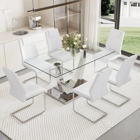 Silver Dining Table Set for 6,7PCS Glass Dining Room Table Set for 6, 63'' Rectangular Tempered Glass Top Kitchen Table Set and 6 Chairs for Dining Room Kitchen