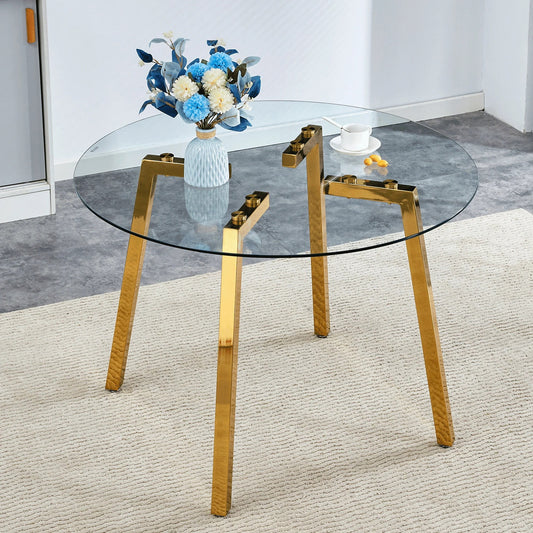 Sudica 42"Round Dining Table. Modern Minimalist Kitchen Table Glass with Metal Legs, for Kitchen, Dining Room, Golden