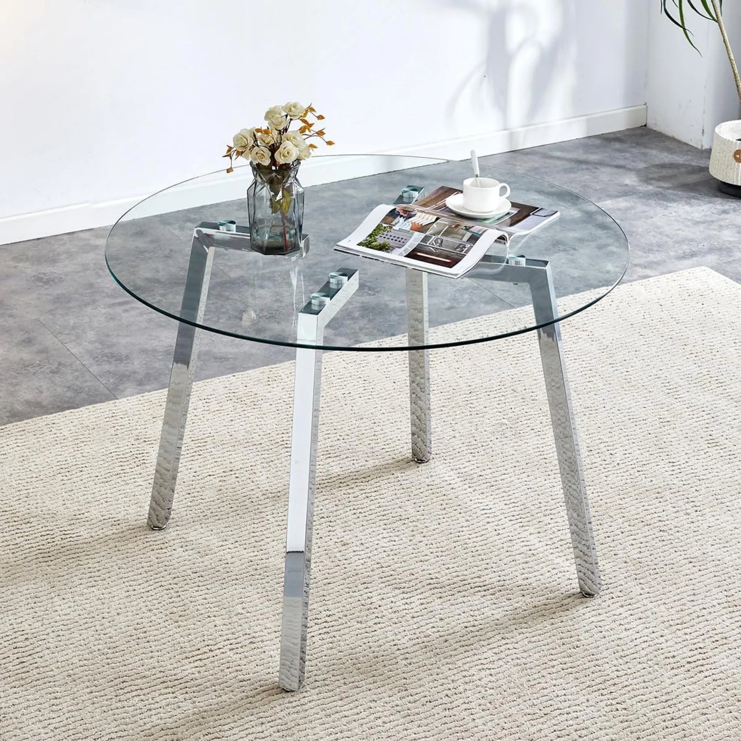 Sudica 42"Round Dining Table. Modern Minimalist Kitchen Table Glass with Metal Legs, for Kitchen, Dining Room, Silver