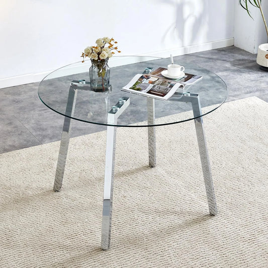 Sudica 42"Round Dining Table. Modern Minimalist Kitchen Table Glass with Metal Legs, for Kitchen, Dining Room, Silver
