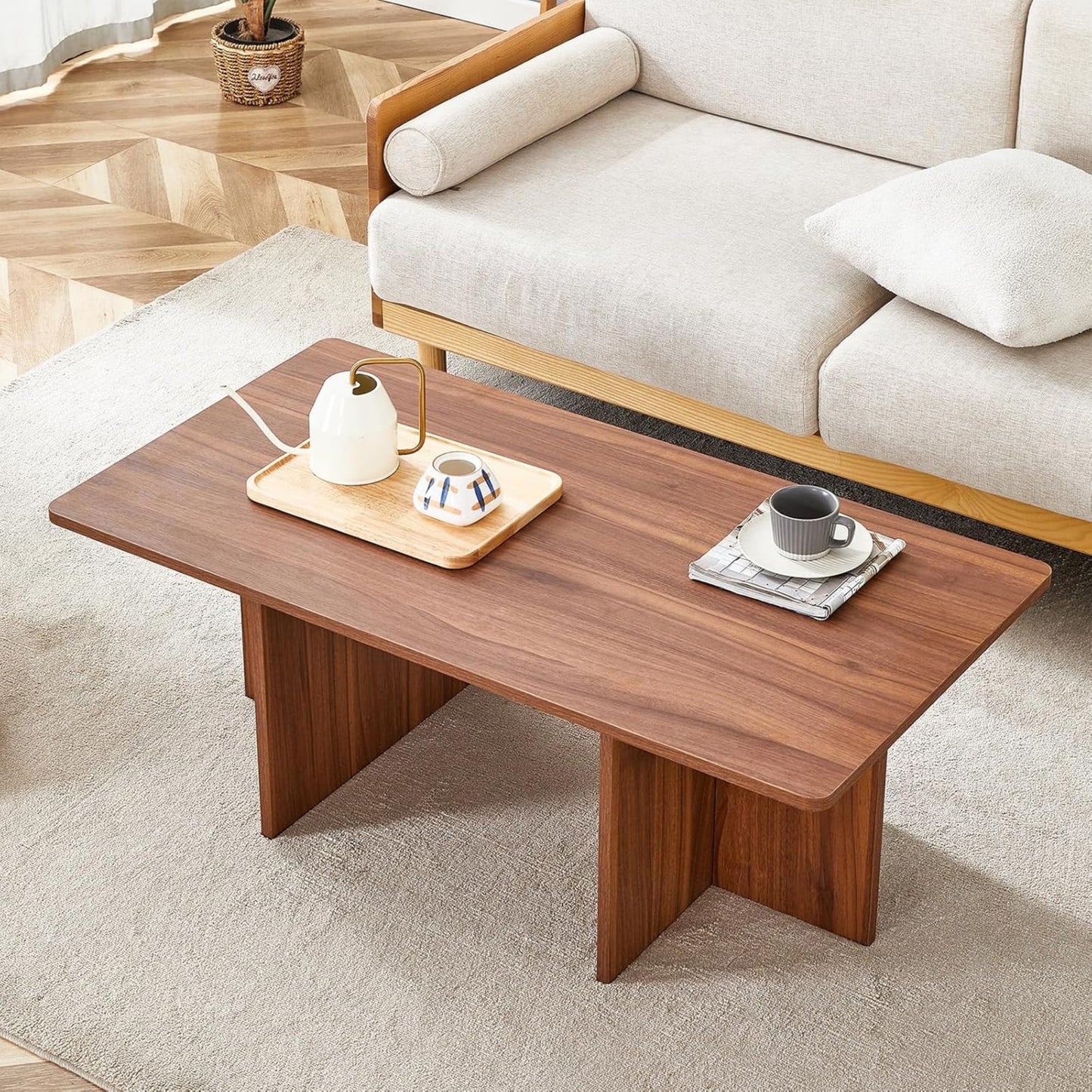 Sudica 44.8” Walnut Color Rectangle MDF Coffee Table,Wood Coffee Table with Stable Triangular Support for Living Room/Bedroom