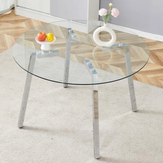 Sudica 47.3"Round Dining Table. Modern Minimalist Kitchen Table Glass with Metal Legs, for Kitchen, Dining Room, Silver