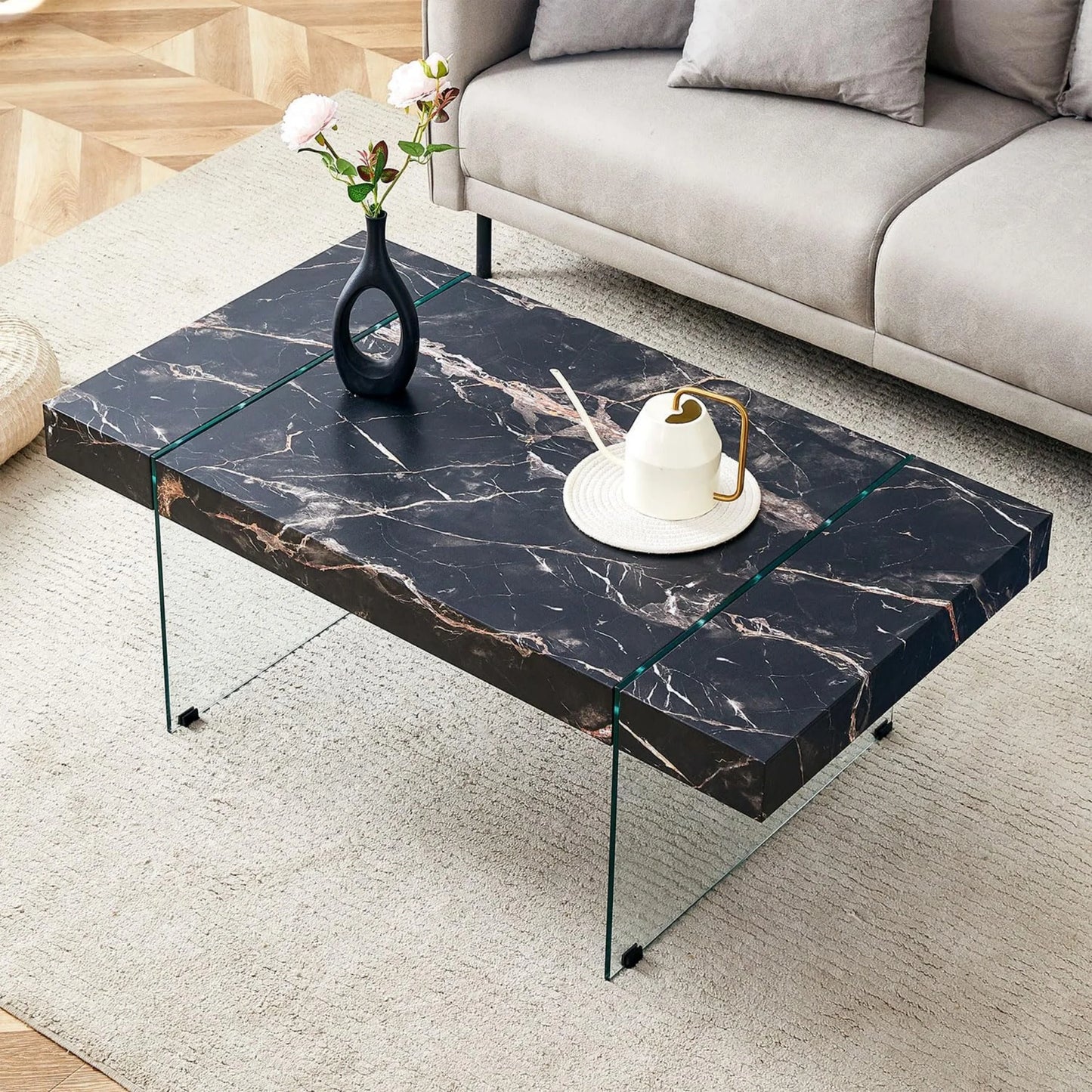 Sudica Black Marble Pattern MDF Coffee Table with Tempered Glass Legs for Living Room. Can Be Used As Coffee and Side Tables/Display Stand.(43.3"X23.6")