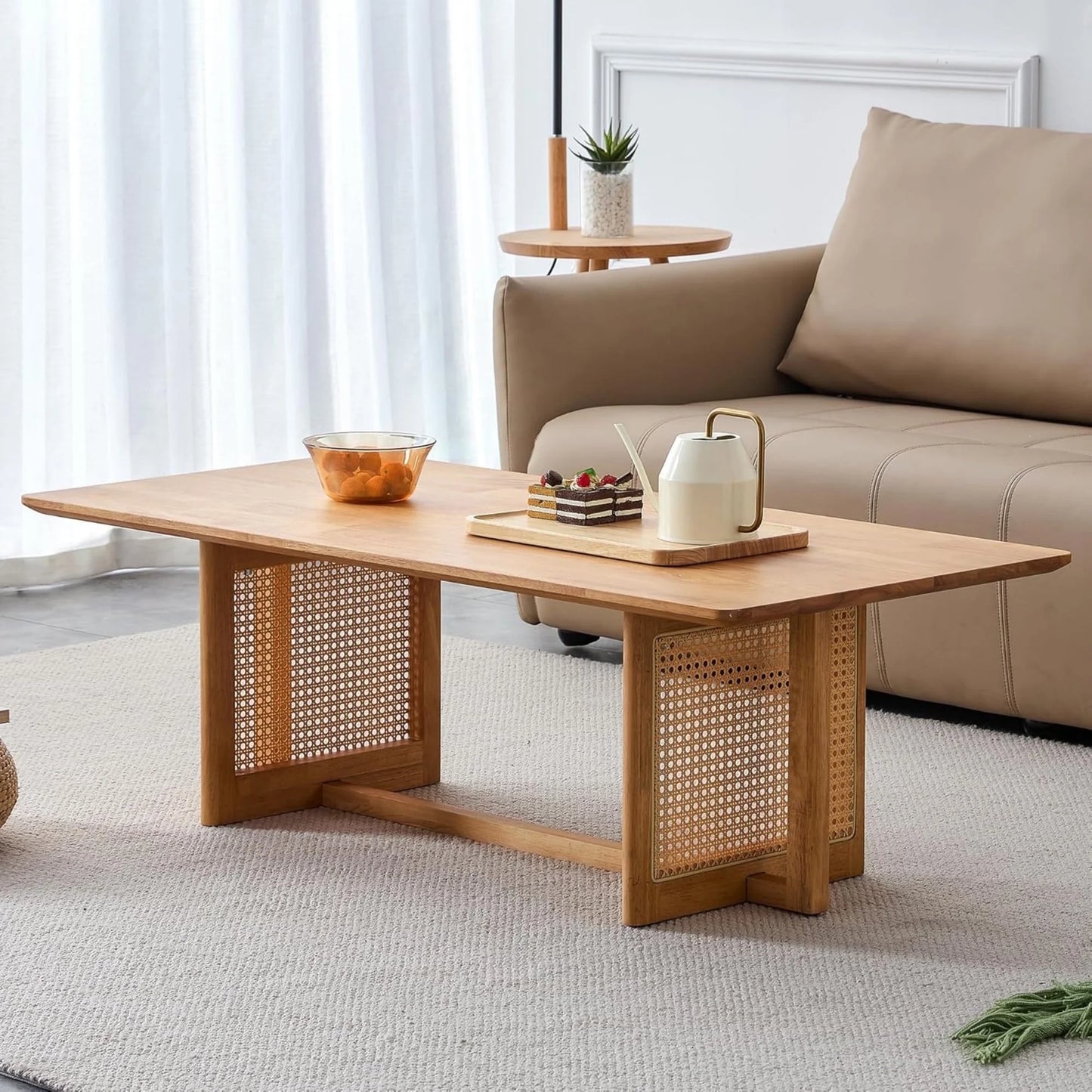 SUDICA 47" Solid Wood Coffee Table, Rattan Panel Legs, Modern Rectangle Table for Living Room