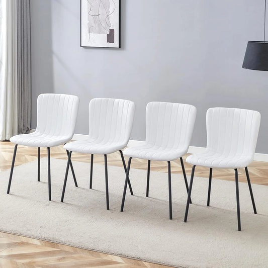 Sudica Dining Chairs Set of 4, Mid-Century Modern Upholstered Retro Linen Chairs with Walnut Bentwood Back and Metal Legs Adjustable Feet for Kitchen Dining Room, White Vertical Stripes Linen