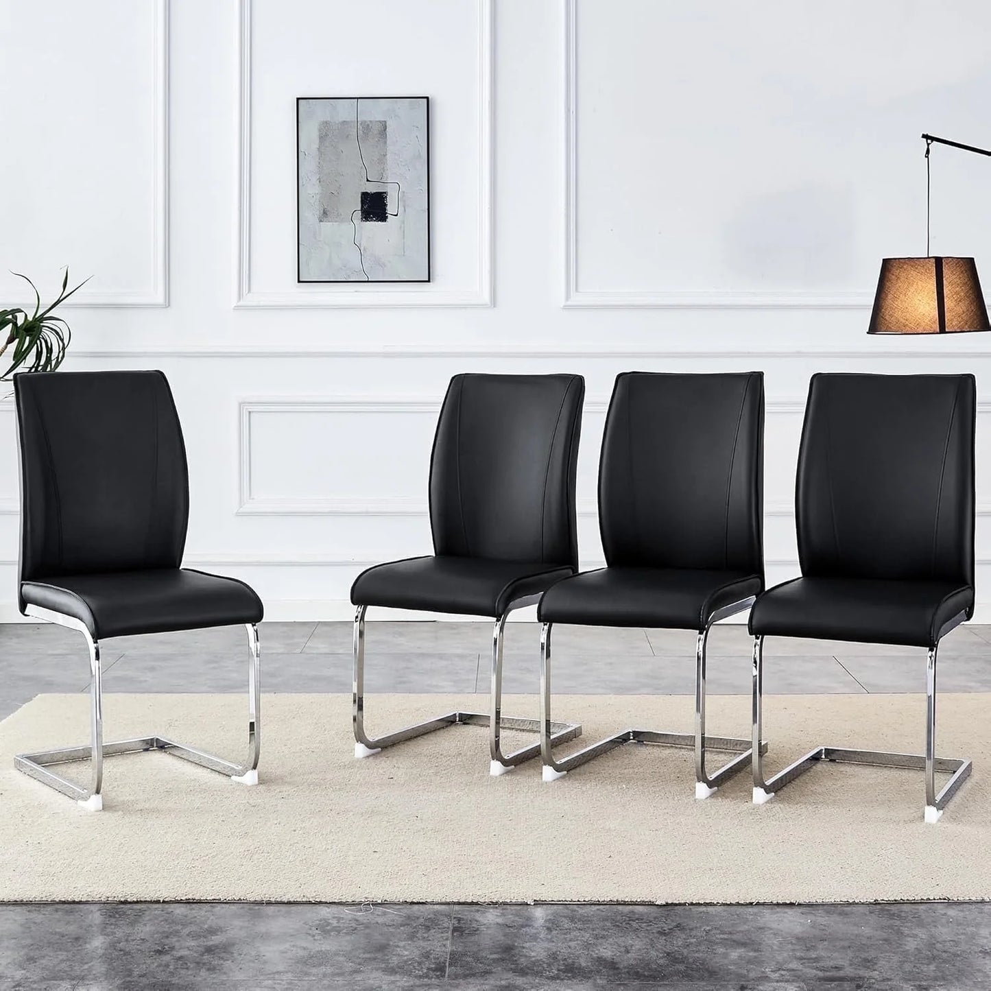 SUDICA Dining Room Chairs, Black Faux Leather High Back, Chrome Metal Legs, Set of 4