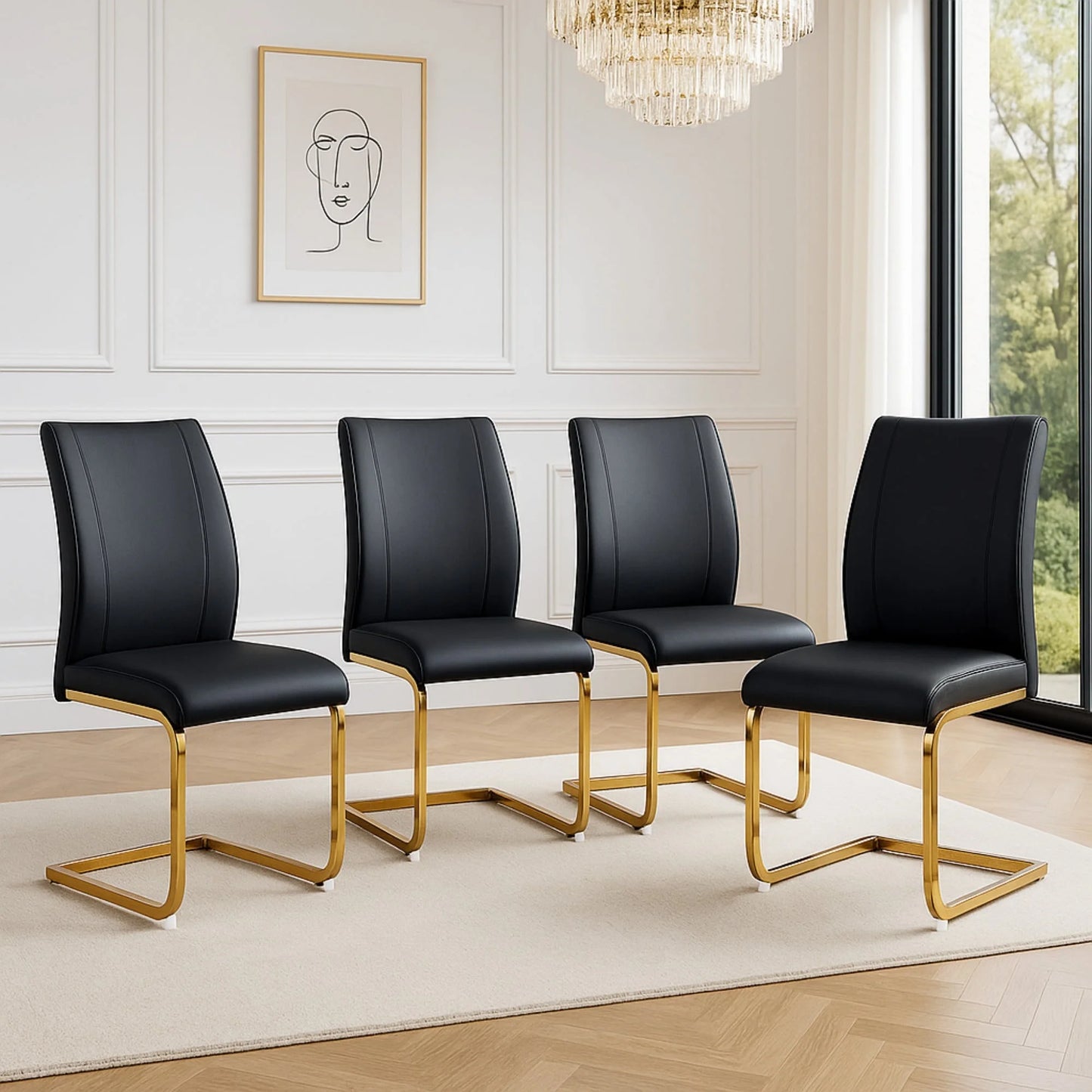Sudica Modern Dining Chairs Set of 4, Black PU Leather, High Back Upholstered, Kitchen/Living Room