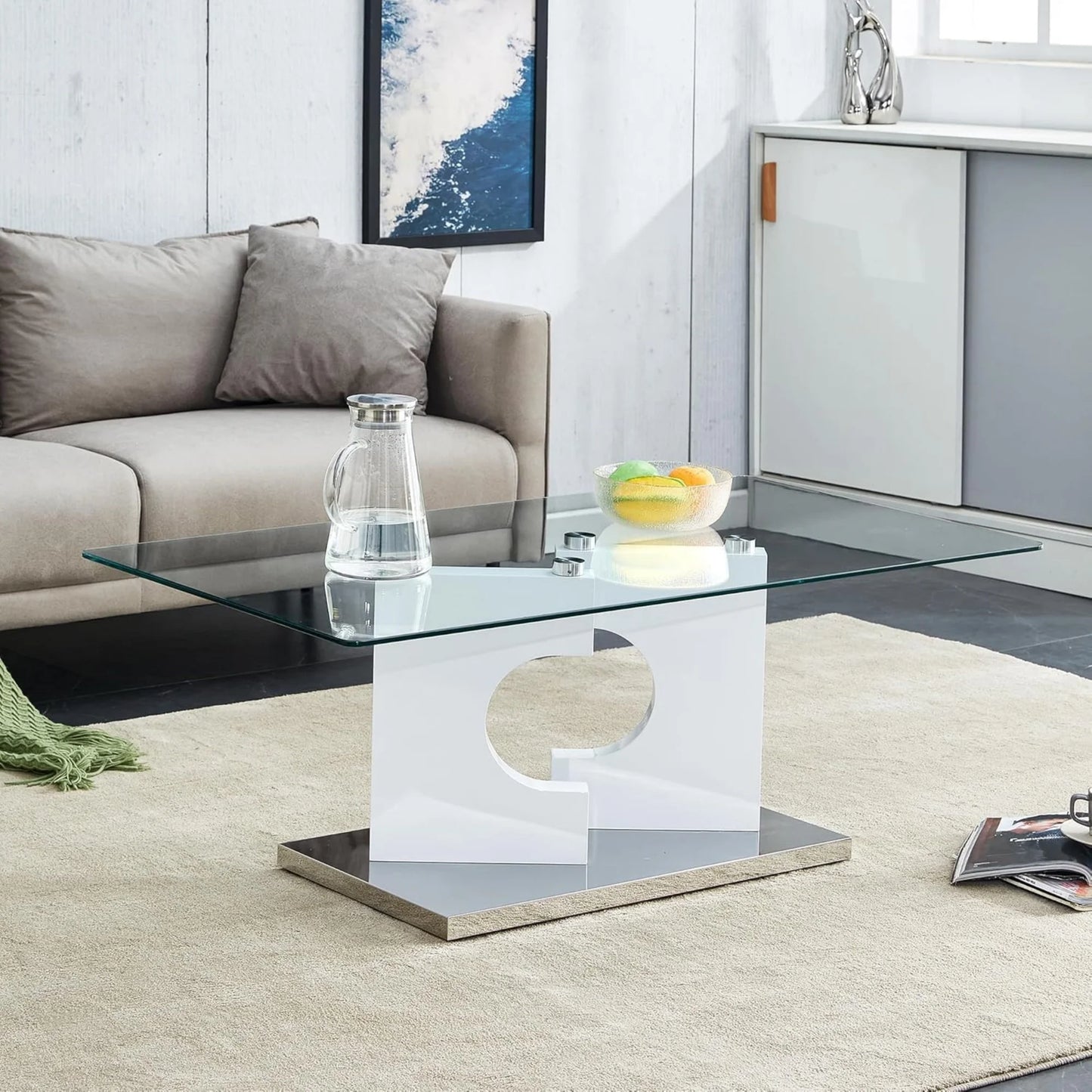Sudica Glass Rectangular Coffee Table, 47" Modern Tea Table with Tempered Glass Tabletop and White Legs for Living Room.