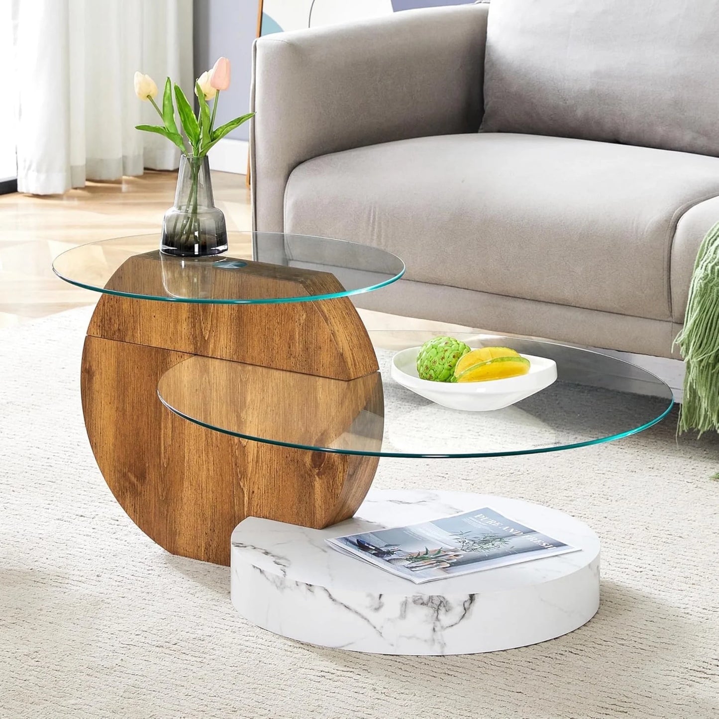 Sudica Modern Round Glass Coffee Table with Dark Wood and White Marble Base