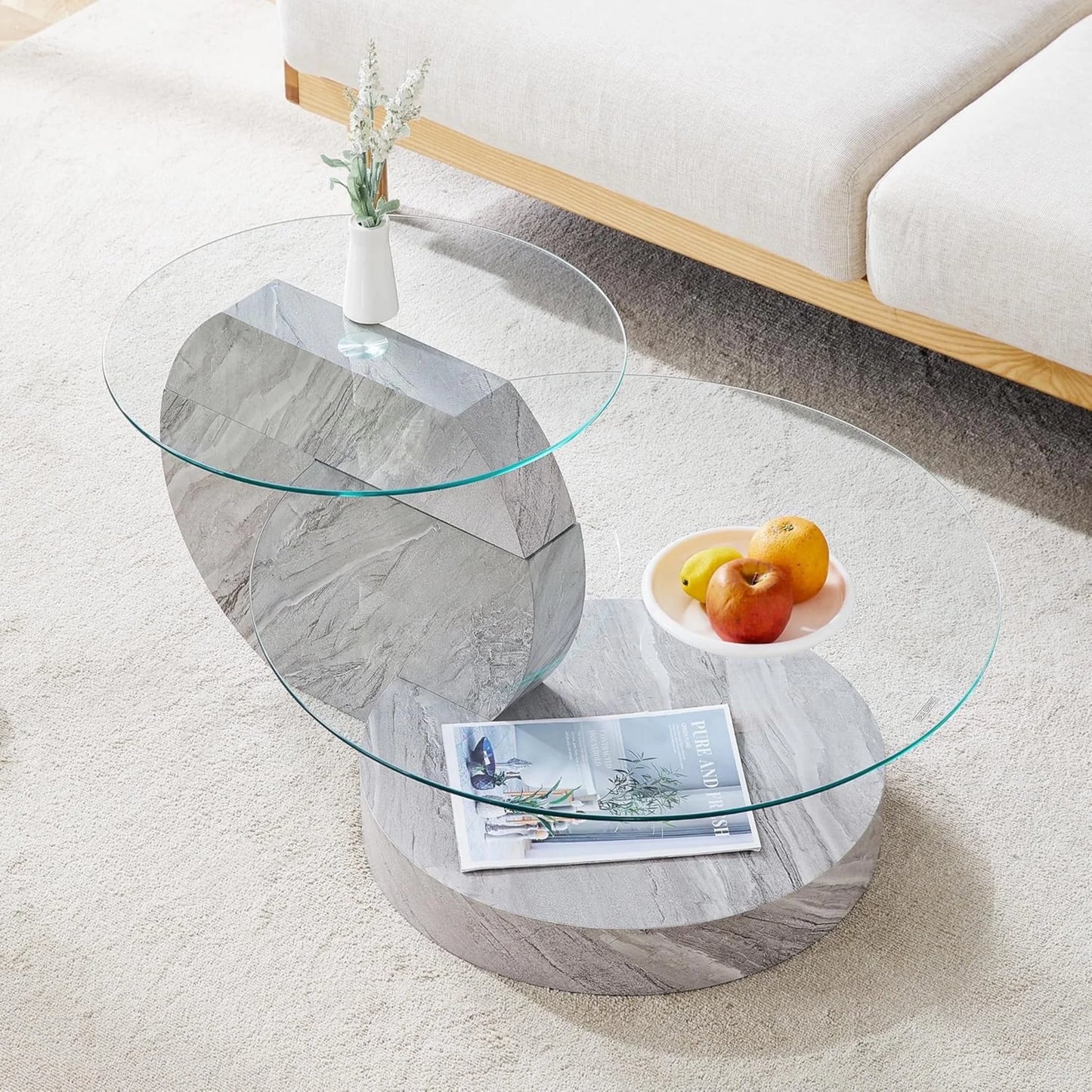Sudica Modern Double-Layer Round Glass Coffee Table, 35.4" Center Table with Light Grey Faux Marble Base, Tempered Glass Top for Living Room