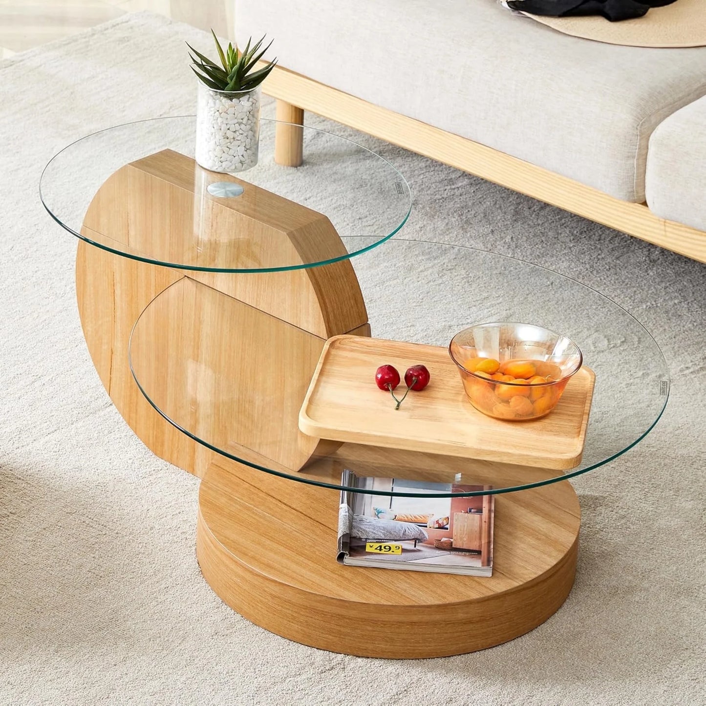 Sudica Modern Coffee Table with Double-layer Round Glass Tabletop 35.4" Tea Table with Light Wood Faux Marble Patterned Base,Center Table for Living Room