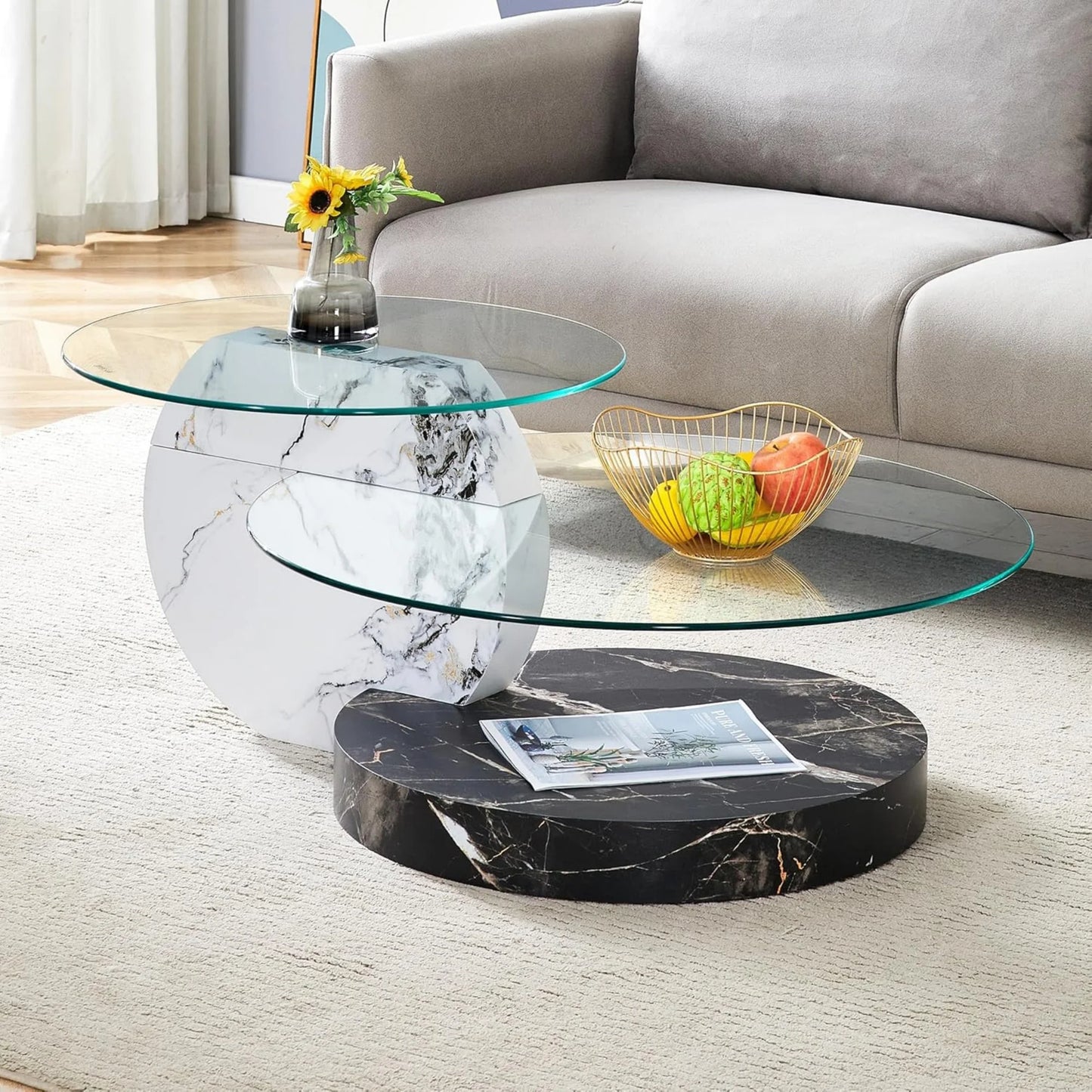 SUDICA Modern Coffee Table with Double-layer Round Glass Tabletop, Tea Table and Center Table for Living Room, Black/White