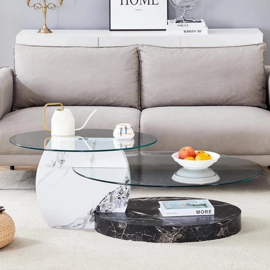Sudica Modern Coffee Table with Double-layer Round Glass Tabletop47" Tea Table with White and Black Faux Marble Patterned Base,Center Table for Living Room
