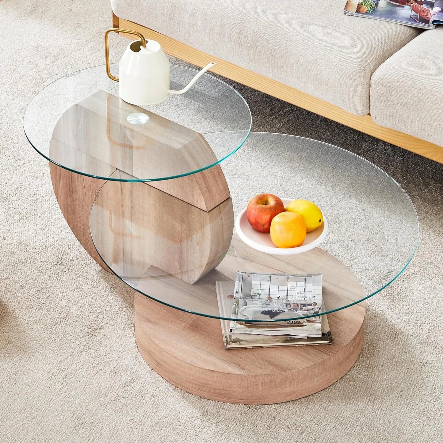 Sudica Modern Coffee Table with Double-layer Round Glass Tabletop 35.4" Tea Table with Wood Faux Marble Patterned Base,Center Table for Living Room