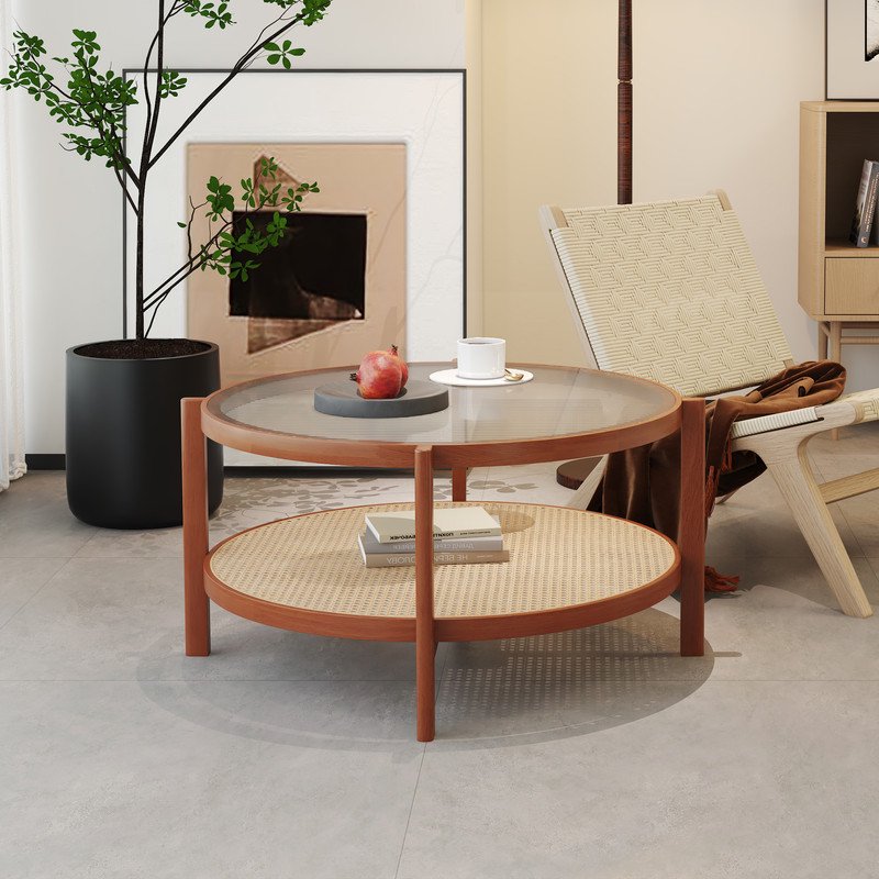 Sudica Modern Minimalist Circular Double-Layer Solid Wood Coffee Table, Craft Glass Tabletop,Pe Rattan with Solid Wood Frame,for Living Room, Dining Room and Bedroom HT