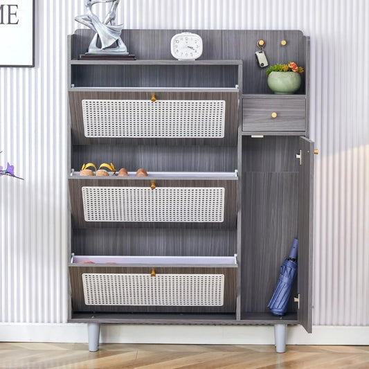 Sudica Rattan Shoe Cabinets with 3 Flip Drawers, Modern Minimalist Shoe Rack Storage Cabinet for Heels/Boots/Slippers,Hallway Entryway Free Standing Shoe Rack with 4 Drawers(Grey)