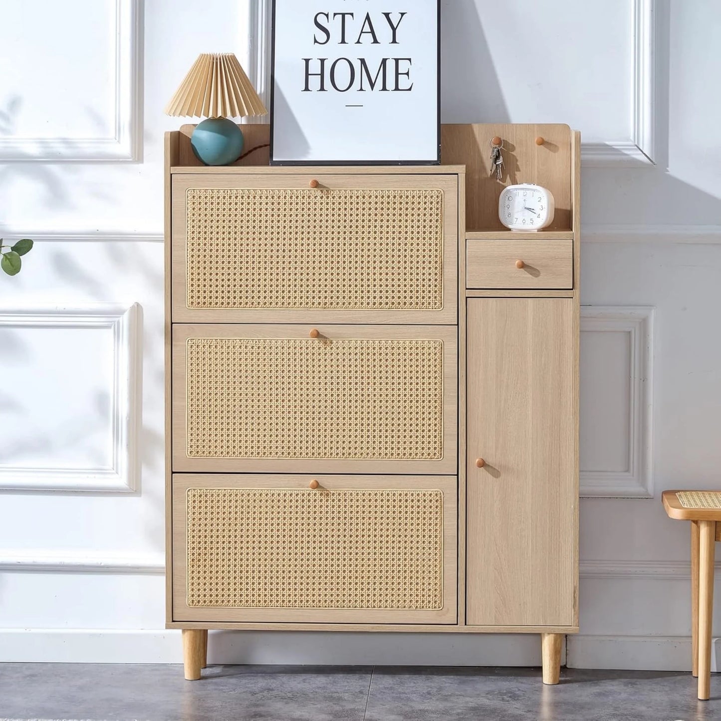Sudica Rattan Shoe Cabinets with 3 Flip Drawers, Modern Minimalist Shoe Rack Storage Cabinet for Heels/Boots/Slippers,Hallway Entryway Free Standing Shoe Rack with 4 Drawers(Natural Wood)